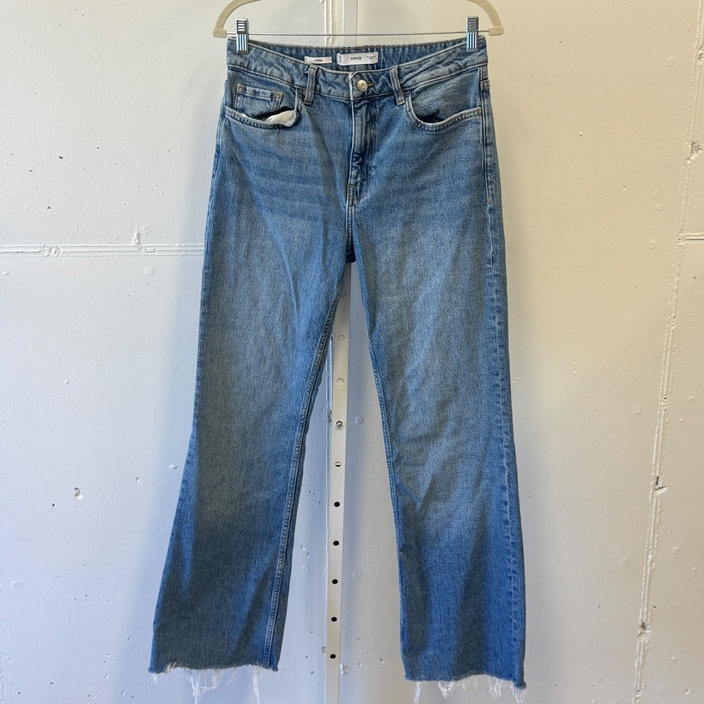 Mango MNG Fiona High Rise Flare Mid Rise Jeans Blue Raw Hem Size 8 Contemporary‎